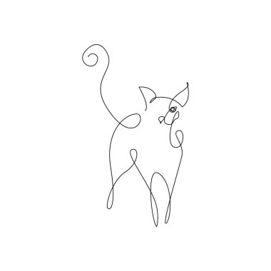 Sürekli bir çizgi çiziyor. Kıvrılmış kuyrukla uyuyan kedi. Vektör illüstrasyonu