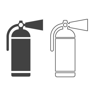 Yangın söndürücü vektör logo çizimi seti. Güvenli ve kurtarma araçları. Web ve mobil geliştirme için kullanılabilir. Bilgi aktarımı için uygun