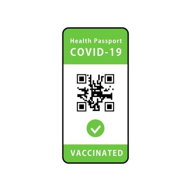Aşılanmış kişi cep telefonunda dijital sağlık pasaport uygulaması kullanıyor. Vektör illüstrasyonu