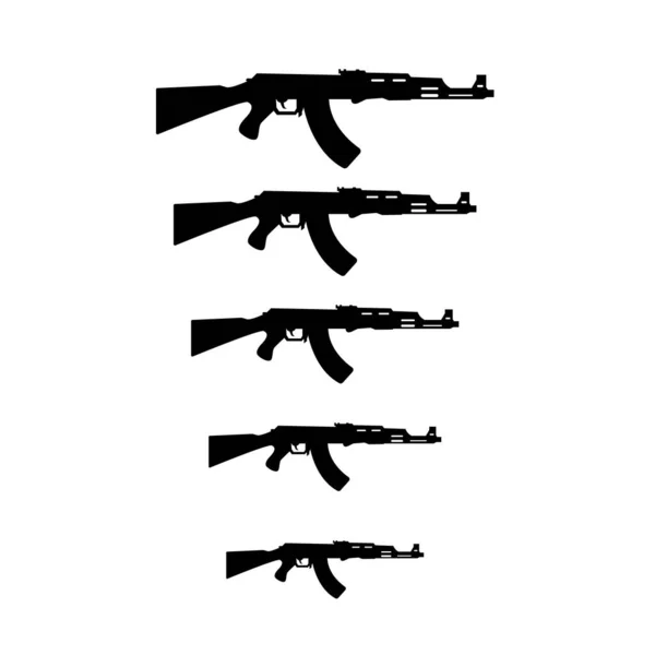 Insieme Icone Kalashnikov Mitragliatrice Silhouette Nera Illustrazione Vettoriale — Vettoriale Stock