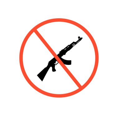 Ak 47 simgesi dur işareti ile. Kalaşnikof makineli tüfek siyah siluet. Vektör illüstrasyonu.