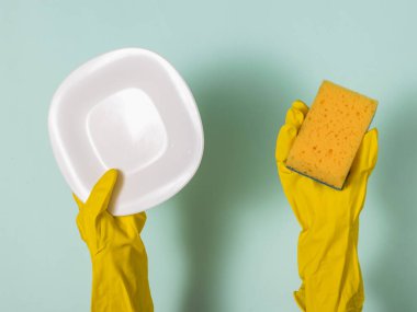 Kauçuk eldivenli eller sünger ve temiz beyaz bir tabak tutuyor..