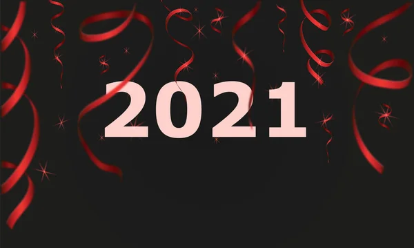 带有亮片的红色彩带和黑色背景上2021年的题词. — 图库矢量图片