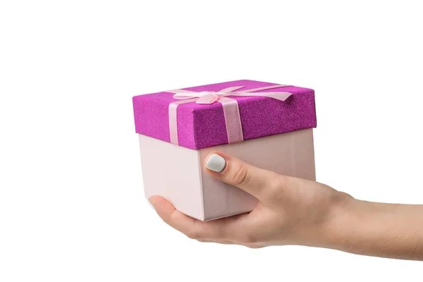 Women Hand Stylish Gift Box Isolated White Background Surprise Hands — Stock Photo, Image