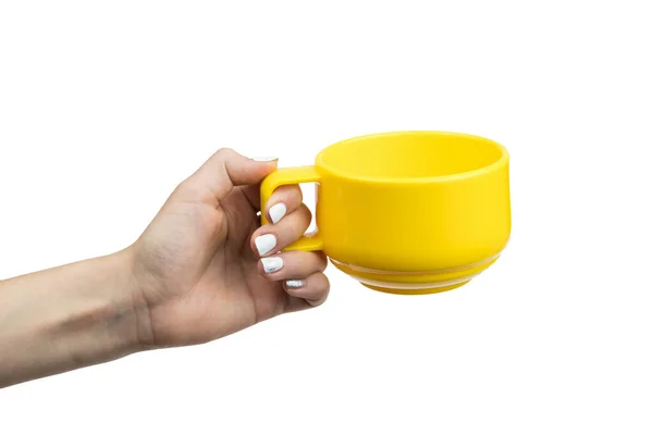 Girl Hand Yellow Tea Cup Isolated White Background Hand Dishes — Stock Photo, Image