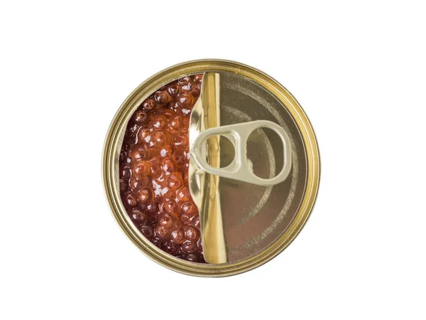 Frasco Ferro Aberto Com Caviar Vermelho Isolado Sobre Fundo Branco — Fotografia de Stock