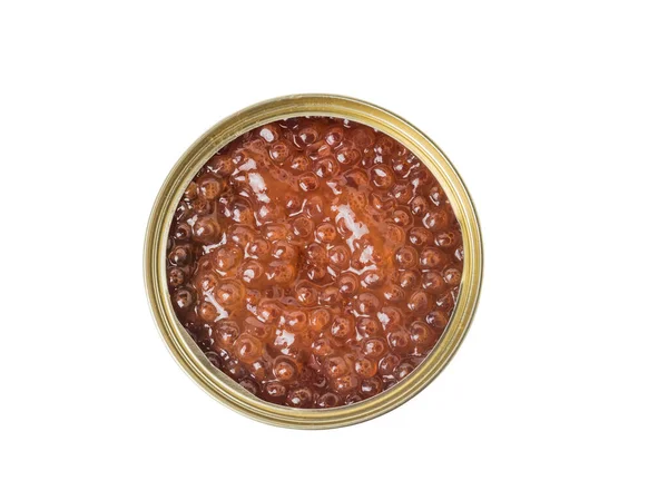 Ein Offenes Eisenglas Gefüllt Mit Rotem Kaviar Isoliert Auf Weißem — Stockfoto