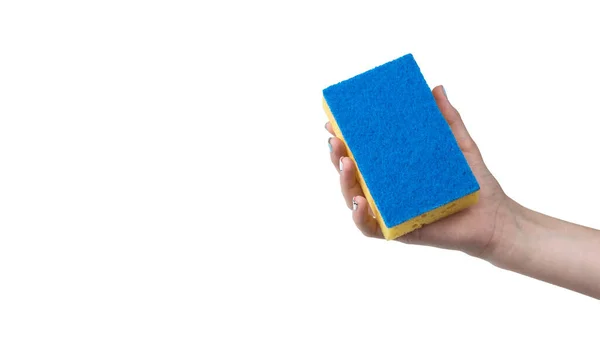 Eine Frauenhand Mit Einem Blauen Waschlappen Schwamm Isoliert Auf Weißem — Stockfoto