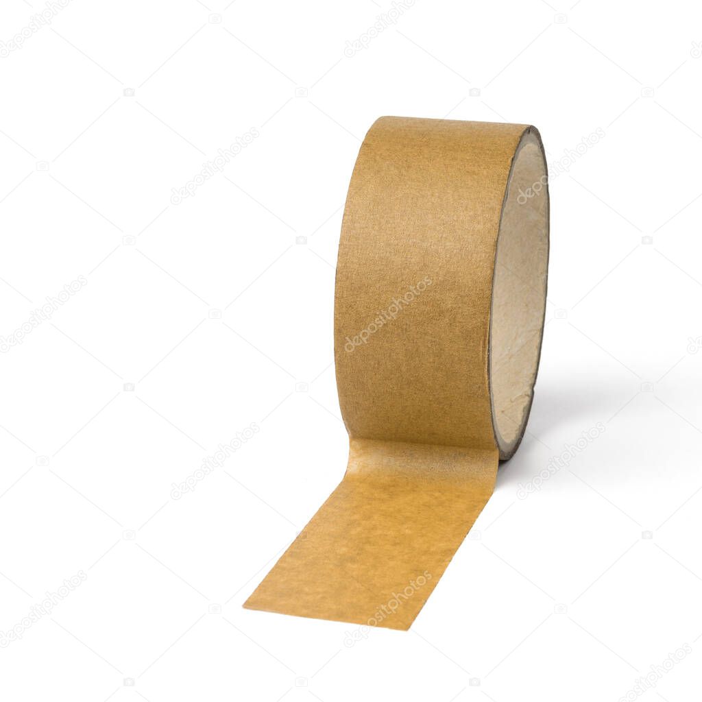 Unwinding coil of yellow tape isolated on a white background. Universal packaging tape.