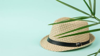 Men's summer hat on a blue background under the leaves of a palm tree. Classic men's headdress.