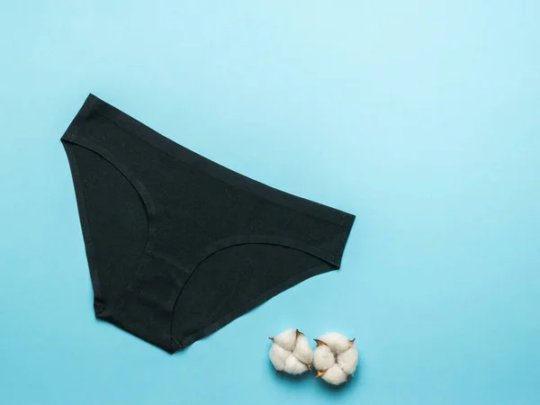 Black Women Underwear Two Cotton Flowers Blue Background Lingerie Flat —  Fotos de Stock