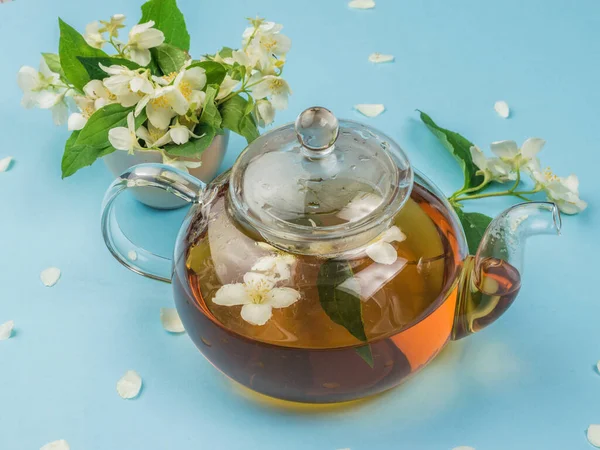 Mavi arka planda cam çaydanlık ve yasemin çiçekleri. Sağlığın için iyi olan canlandırıcı bir içecek..