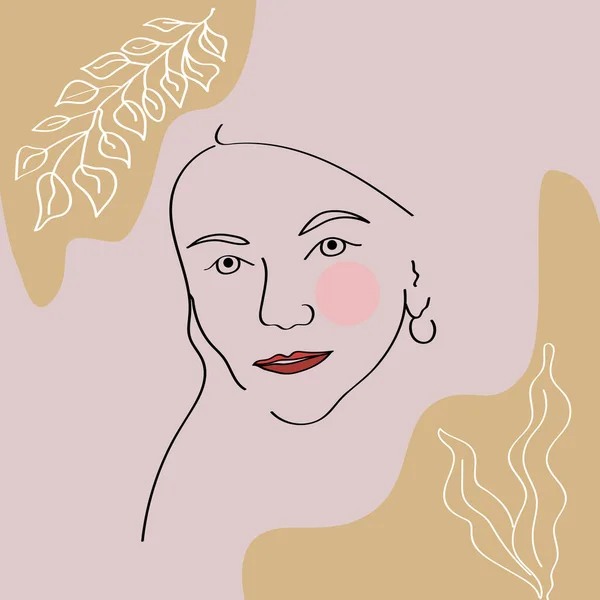 Portrait Beautiful Woman Abstract Background Leaves Drawing Line — Vettoriale Stock