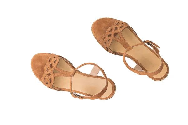 Visão Superior Sandálias Femininas Camurça Isoladas Fundo Branco Sapatos Verão — Fotografia de Stock