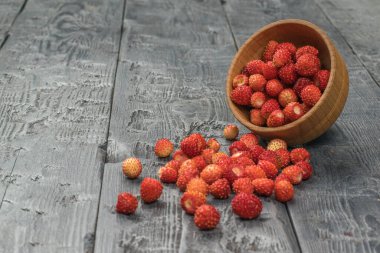 Ahşap bir masada dağınık yaban çilekleri olan ahşap bir kase. Taze mahsul.