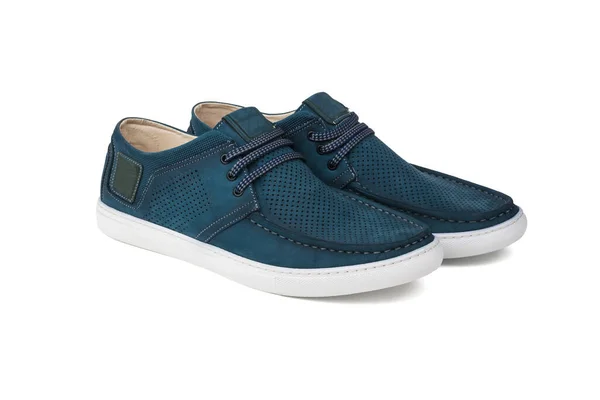 Scarpe Estive Uomo Pelle Blu Isolate Sfondo Bianco Confortevoli Scarpe — Foto Stock