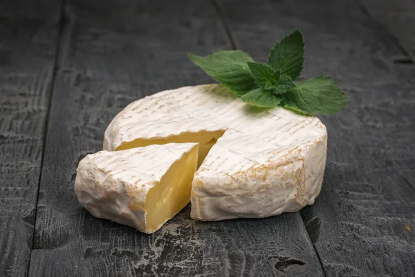 Camembert Cheese Cut Piece Wooden Table Product Made Natural Milk —  Fotos de Stock