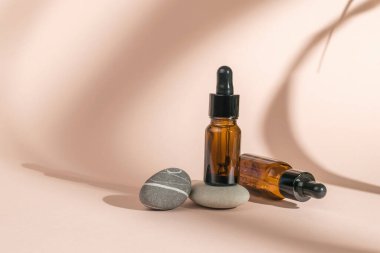 Two bottles of medicine on the rocks in the shade of plants. The concept of treatment and body care using natural remedies.