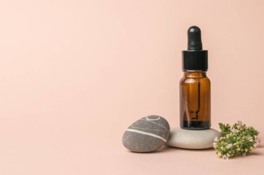 Taşlardan oluşan bir kompozisyon, pipetli bir şişe ve şifalı otlar. Doğal tedavi ve vücut bakımı kavramı.