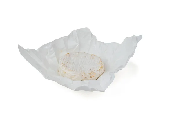 Queijo Camembert Papel Branco Isolado Sobre Fundo Branco Produto Base — Fotografia de Stock