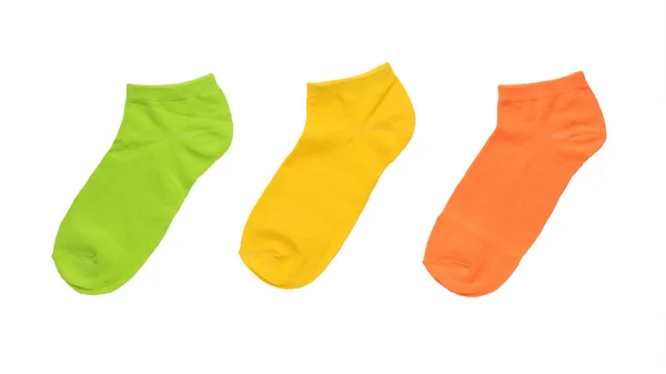 Trois Chaussettes Multicolores Isolées Sur Fond Blanc Accessoire Sport Élégant — Photo