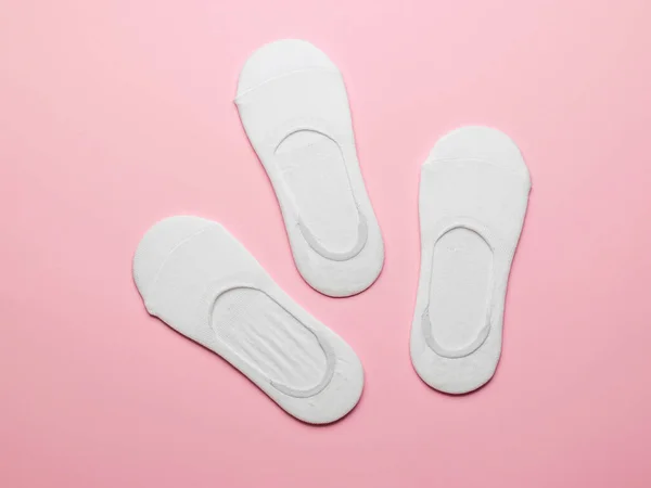 Three Pairs Packed Women White Short Socks Pink Background Stylish — Stock Photo, Image