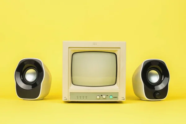 Retro Gray Monitor Speakers Yellow Background Stylish Vintage Equipment — Stock Photo, Image