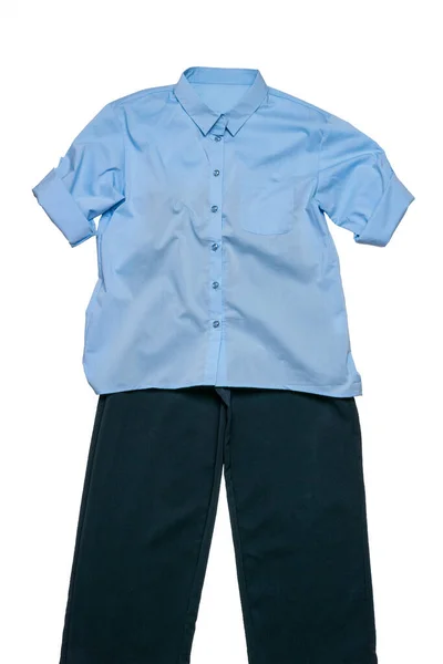 Blauw Shirt Donkere Broek Geïsoleerd Een Witte Achtergrond Klassieke Kleding — Stockfoto