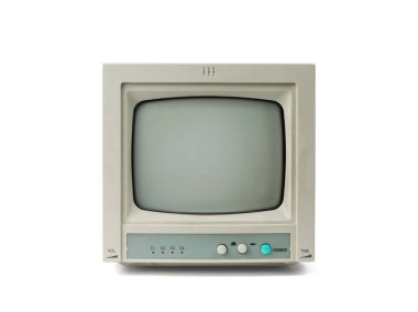 Beyaz arka planda izole edilmiş küçük bir retro gri monitör. Retro ekipmanı.