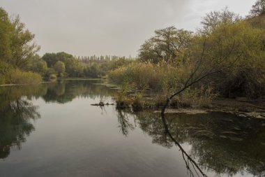 sessiz bir göl üzerinde bulutlu gün