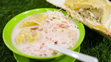 Çimenli arka planda yeşil bir kasede rendelenmiş peynirli taze Durian dondurması. Güneydoğu Asya 'da popüler bir sokak yemeği olan rendelenmiş peynirli geleneksel Durian tatlısı..