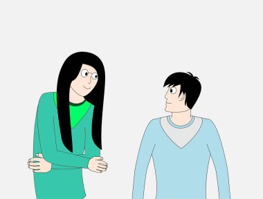 Bir kız ve bir oğlan yan yana duruyorlar. Kız yeşil bir gömlek giyiyor ve oğlan mavi bir gömlek giyiyor. İkisi de gülümsüyor ve iyi vakit geçiriyor gibi görünüyorlar.