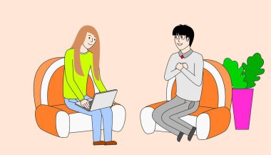 Bir kız ve bir oğlan sandalyede oturup birbirleriyle konuşuyorlar. Kız, oğlan ona bakarken bir dizüstü bilgisayar kullanıyor. Olay yeri dostane ve sıradan.