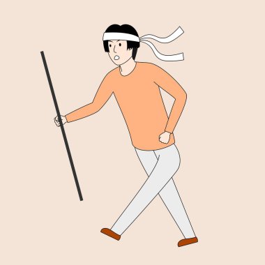 Koşan sporcular, saç bandı takıp sopa taşıyorlar. Sopa uzun ve incedir ve adam onu sağ elinde tutar..