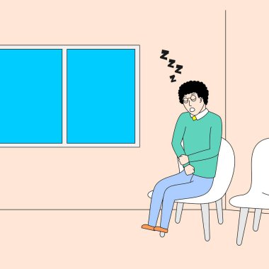 Adam bir sandalyede oturuyor ve odada uyuyor.