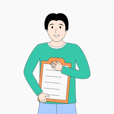 Adamın elinde yüzünde bir gülümseme olan bir pano var..