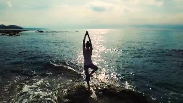 Toma aérea de una chica hermosa está haciendo yoga en las rocas . — Vídeos de Stock