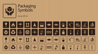 Vector packaging symbols set on cardboard background including Don't roll, Don't litter, Clamp here, Use no hand truck, No forklift truck and other clipart
