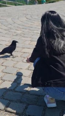 Şaşırmış kadın, karga avucunun içinden yiyecek alırken tepki veriyor.