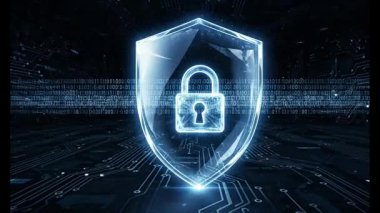 Dijital Kalkan Güvenlik Animasyonu: İkili Veri ile Asma Kilit Simgesi Koruması