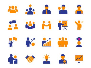 Renkli iş adamları simgeleri ayarlandı. Ofis takım çalışması, müzakere, toplantı, insan kaynakları, liderlik ve çeşitli projeler için uygun konferans unsurları içerir.