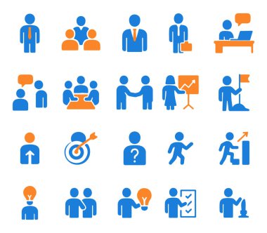 Düz iş insanları simgeleri ayarlandı. Ofis takım çalışması, müzakere, toplantı, insan kaynakları, liderlik ve konferans unsurlarını içeriyor. Web tasarımı ve diğer tasarım projeleri için iyi.