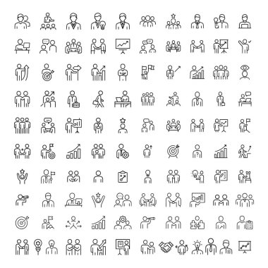 İş adamlarının koleksiyon çizgisi simgeleri ayarlandı. Web tasarımı illüstrasyonu için ofis takım çalışması, müzakere, toplantı, insan kaynakları, liderlik ve konferans unsurları içerir.