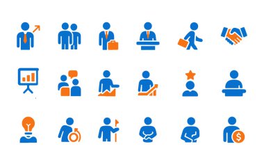 Çeşitli iş faaliyetlerini tasvir eden basit mavi ve turuncu simgelerin toplanması: liderlik, takım çalışması, sunum yapmak, bir fikre sahip olmak ve farklı iş görüşmeleri türleri.