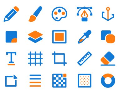 Kalem, boya fırçası, renk paleti, bezier eğrisi, çapa gibi simgeleri içeren tasarım ve düzenleme araçları. Belge, katman, kare, indirme, metin altı çizgisi, ızgara, mahsul, cetvel, silgi ve belge indirmeyi içerir.