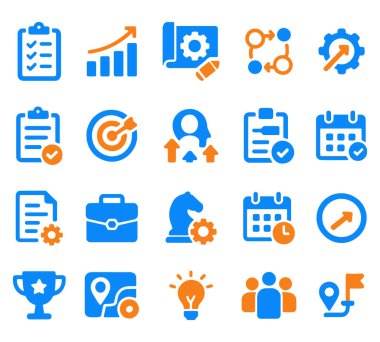 Strateji planlaması ve iş ikonları yönetimi pazarlama geliştirme takım çalışması çözümünü temsil edecek ve son teslim tarihi yatırım analizi ve mavi ve turuncu alandaki başarıya ulaşmayı planlayacak