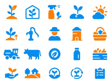 Bitkiler, seralar, sprey şişeleri, verimli toprak, güneşli hava, büyüme, su pompaları, çiftçiler, ahırlar, meyve sepetleri, kamyonlar, inekler, yapraklar, süt şişeleri, sebze sandıkları, besleyici eller, kırsal evler, geri dönüşüm evlerini gösteren tarım ve tarım ikonu setleri