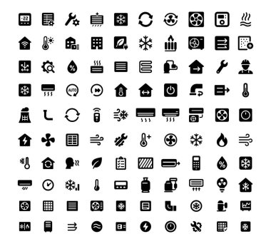 Klima simgeleri ayarlandı. HVAC sistemi, sıcaklık, nemlendirici, ısıtıcı, kompresör, iklim kontrolü. Web, mobil uygulama, UI tasarımı ve yazdırma için vektör elementlerinin toplanması. Beyaz arkaplanda izole.