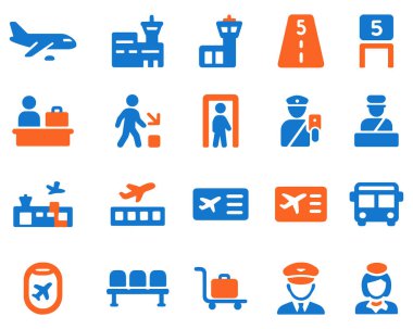 Havaalanı ve seyahat ikonu ayarlandı. Koleksiyonda ulaşım, uçak, bagaj kontrolü, pasaport kontrolü ve çeşitli havaalanı tesisleri için semboller yer alıyor. İkonlar arasında bavul, pilot, uçuş görevlisi, uçuş kartı ve havaalanı mimarisi yer alıyor..