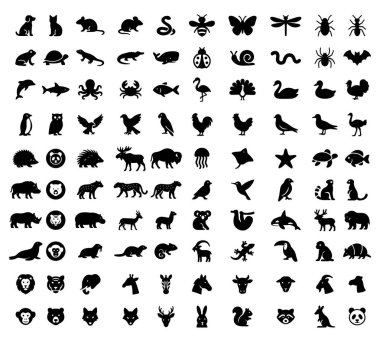 Çeşitli vahşi yaşam siluetlerinin yer aldığı geniş bir hayvan ikonu koleksiyonu. Buna köpekler, kediler, fareler, domuzlar, kirpiler, pandalar, domuzlar, ayılar, aslanlar, kurtlar, filler, geyikler, maymunlar ve tilkiler de dahildir. Kuşlar baykuş, kartal, tavus kuşu gibi, 